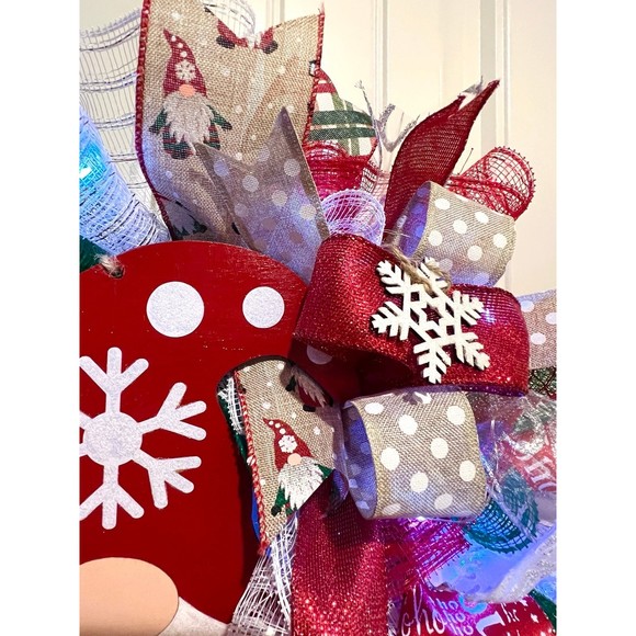Christmas Snowflake Gnome Holiday Ribbon Door Wreath Handmade 22 ins LED W9 - Picture 10 of 12